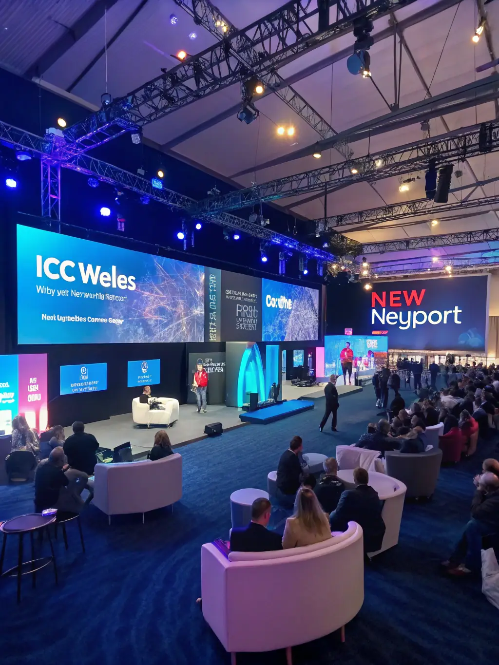 A dynamic shot of the ICC Wales in Newport, capturing the energy of a tech conference with interactive displays and keynote speakers.