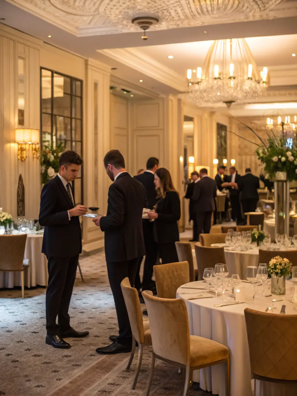 A photograph of the Barbican Centre in London, bathed in soft light, with attendees networking during a break at a business conference focused on sustainable marketing practices.