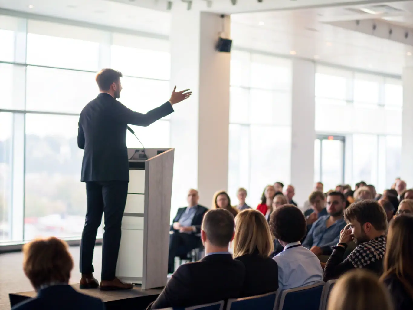 A dynamic photo capturing a keynote speaker passionately addressing a large audience at a ColiseumSpot conference, with the company logo subtly displayed in the background.