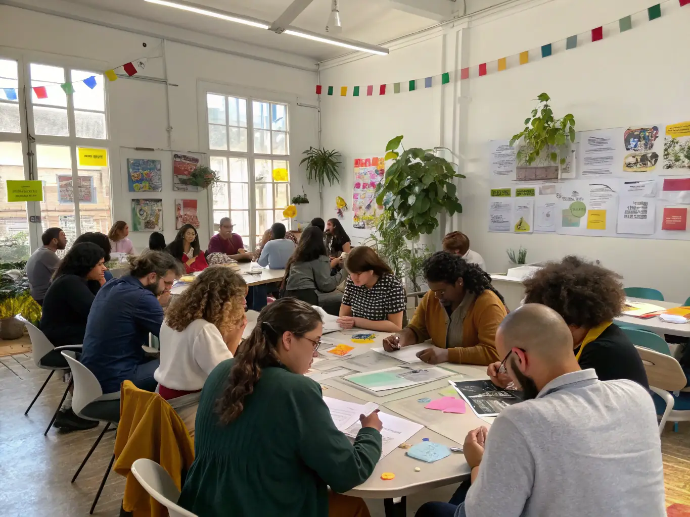 A vibrant image showing attendees actively participating in a workshop session at a ColiseumSpot conference, with facilitators guiding the discussion.