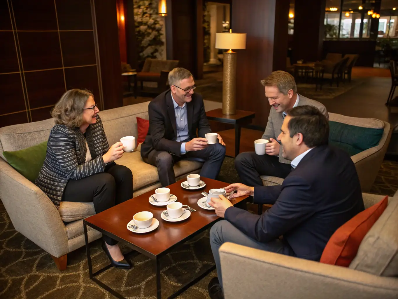 A candid shot of attendees networking during a coffee break at a ColiseumSpot conference, exchanging business cards and engaging in lively conversations.