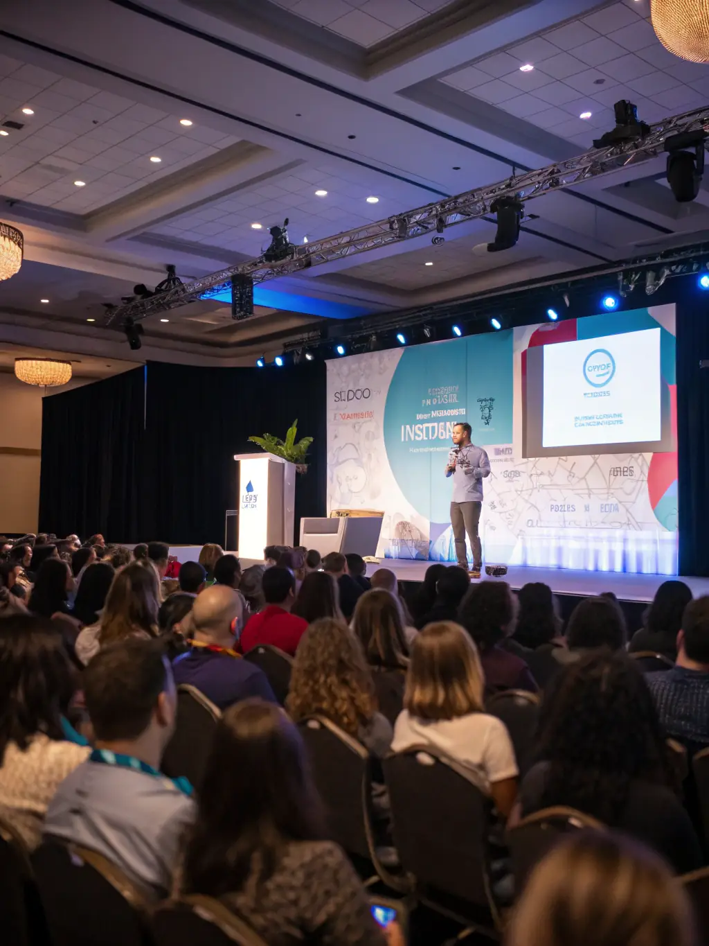 A vibrant image of the Edinburgh International Conference Centre, showcasing a panel discussion on the future of experiential marketing in the UK.