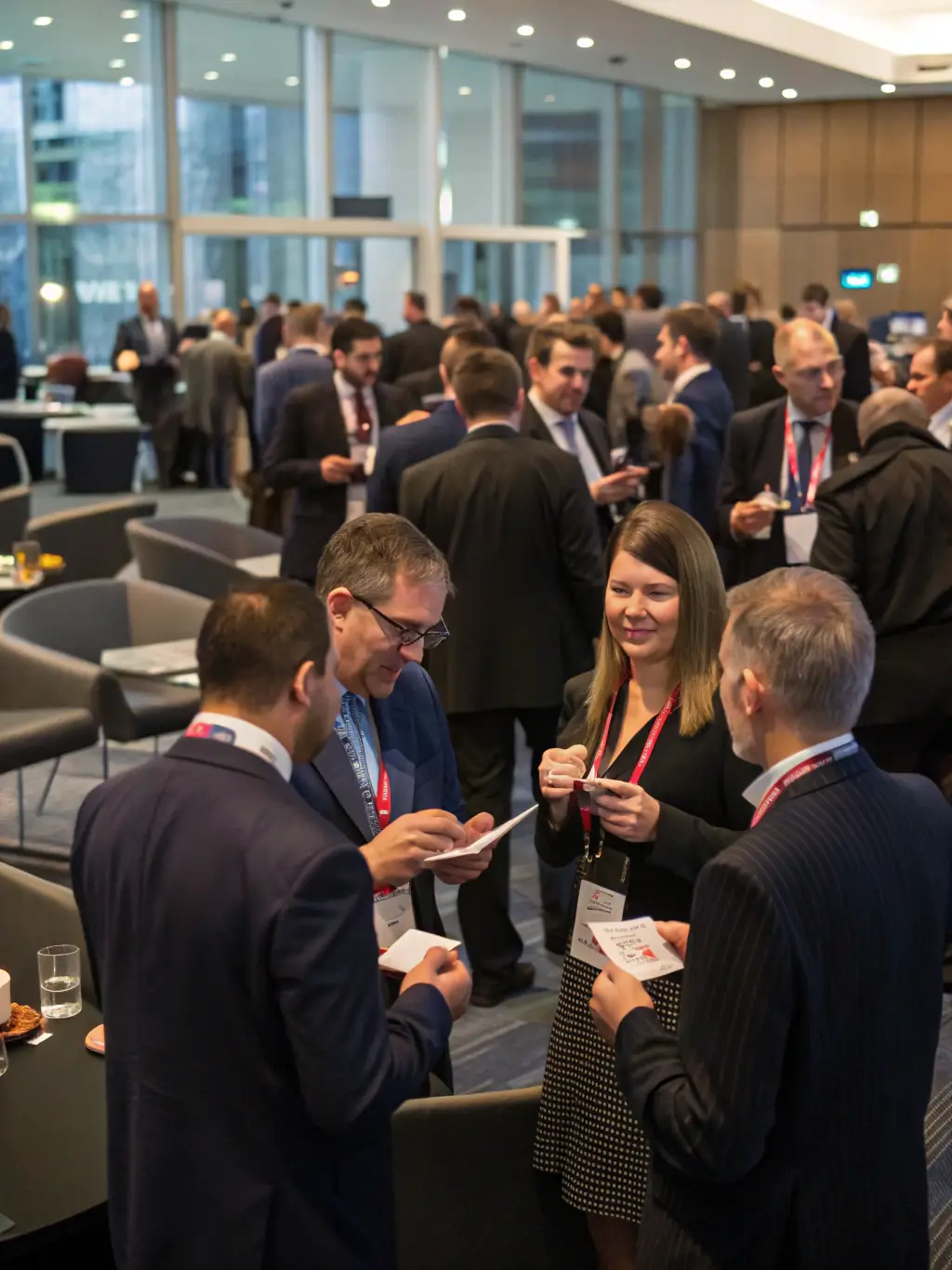 A diverse group of professionals networking at a ColiseumSpot conference, engaging in conversation with drinks and canapés in hand, set against a backdrop of branded banners and event signage.