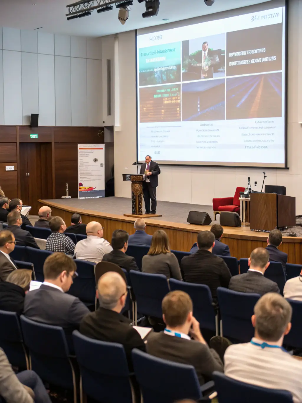 A dynamic speaker delivering a keynote address at a ColiseumSpot conference, with attendees attentively listening and taking notes in a modern conference hall.